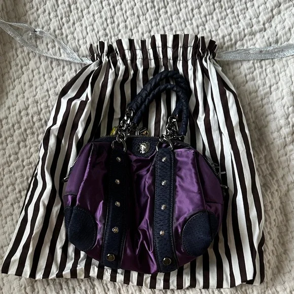 Henri Bendel Purple satin bag with Navy Blue and silver accents - Picture 13 of 16